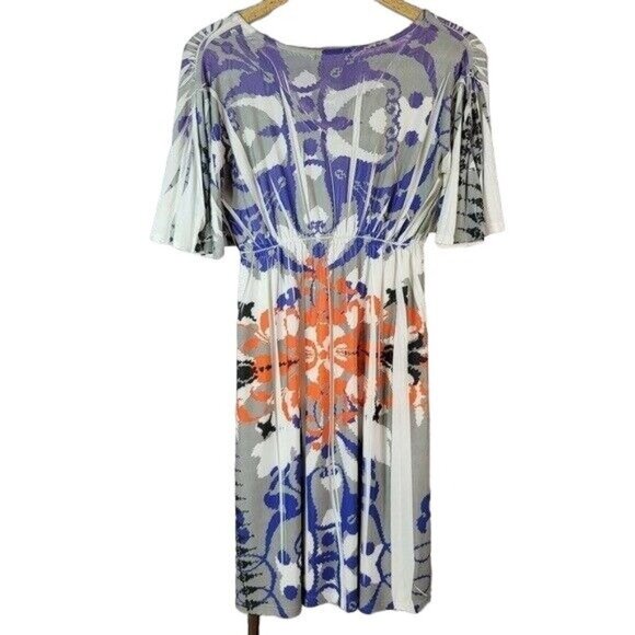 Espresso Western Boho Midi Dress Blue Medium Stretchy Scoop Neck Pleated Floral - Picture 4 of 6